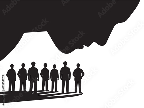 Intimidating Giant Boss Figure Looming Over Small Helpless Workers Demanding Fair Treatment. Suitable for May Day, Labor Day, Workers Rights, Protest, and Solidarity.