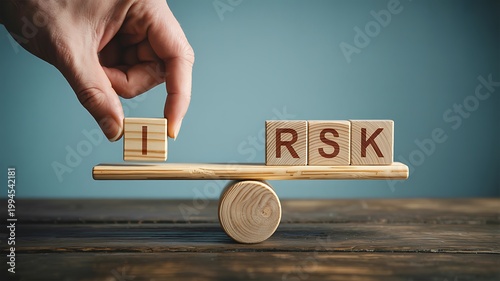 A hand places a wooden block with the letter i onto a balance scale next to rsk blocks to form the word risk representing financial strategy and assessment