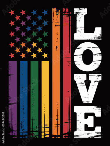 A vertically aligned rainbow flag is integrated with the word 'LOVE' beside it.