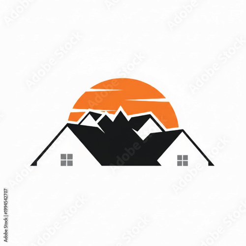 House roof with mountains icon, orange sun and black silhouette style for home design and landscape logo concept