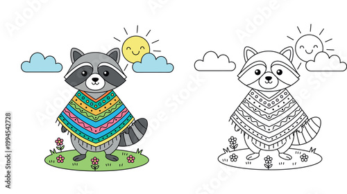 Cute Cartoon Raccoon Wearing a Colorful Poncho Outdoors with Flowers, Clouds, and Smiling Sun