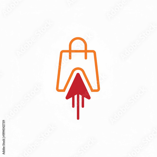 Shopping bag icon with red downward arrow symbol for e-commerce sales decline and delivery statistics