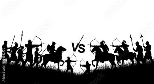 Silhouette of ancient warriors on horseback in battle formation.