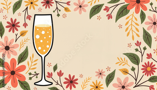 Floral background with champagne glass in festive celebration theme  