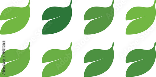 Minimal green leaf pattern vector set featuring eight stylized botanical shapes arranged in two rows with smooth curved organic design illustration