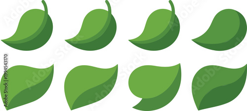 Minimal green leaf pattern vector set featuring eight stylized botanical shapes arranged in two rows with smooth curved organic design illustration
