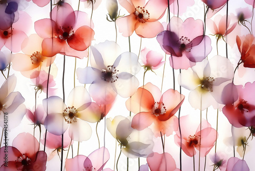 A repeating pattern of translucent, watercolor-style poppies against a dark background.