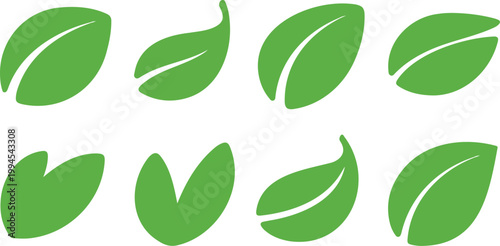 Minimal green leaf pattern vector set featuring eight stylized botanical shapes arranged in two rows with smooth curved organic design illustration