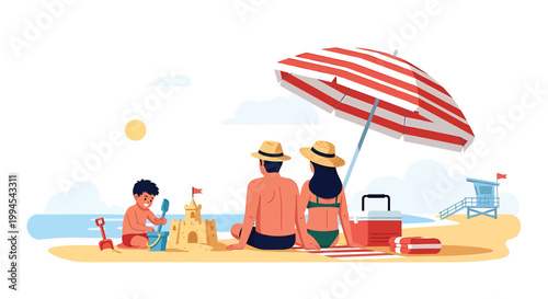 Beach, family, vacation, summer, vector illustration, sand, umbrella, relaxation, leisure, sunny day