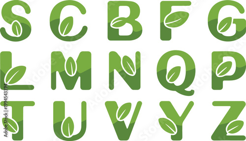 Stylized green alphabet vector set featuring leaf integrated letters S to Z in modern rounded gradient botanical typography design illustration set