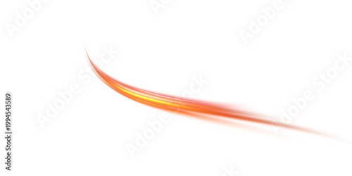 Abstract glowing orange light streak effect on transparent background, digital art, energy flow.
