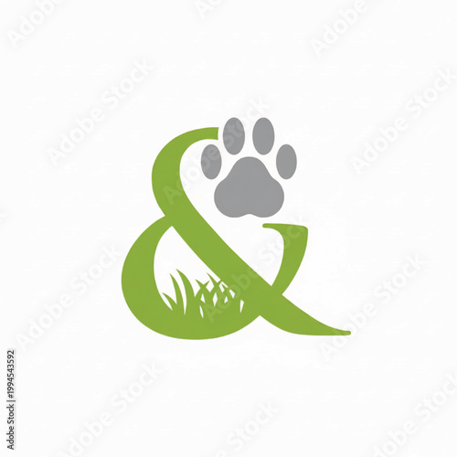 Dog paw heart logo with green ribbon and grass sprout elements for eco-friendly pet brand identity featuring nature, wildlife, animal care with