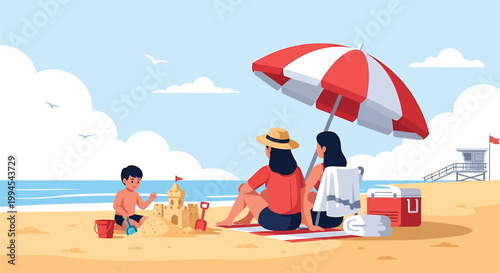 Beach, family, summer, vacation, illustration, vector, sand, umbrella, relaxation, leisure