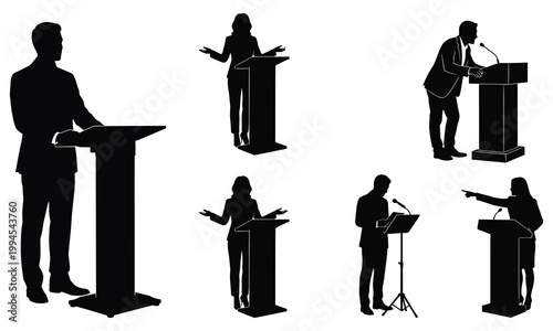 Professional business people silhouettes giving speeches at podiums in a formal office setting