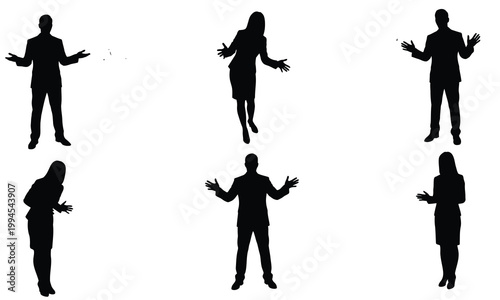 Set of business people silhouettes in various standing poses with open arms isolated on white