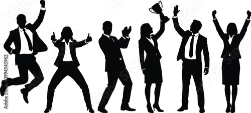Successful business team silhouettes celebrating victory with trophy and jumping on white back