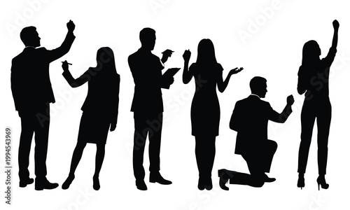 Collection of business people silhouettes working writing and presenting isolated on white back