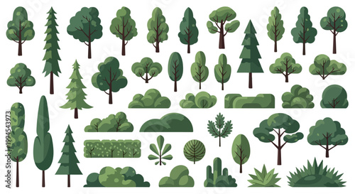 Flat vector tree collection, diverse forest vegetation set with 35 green plant elements, stylized garden shrubs and coniferous trees for landscape design
