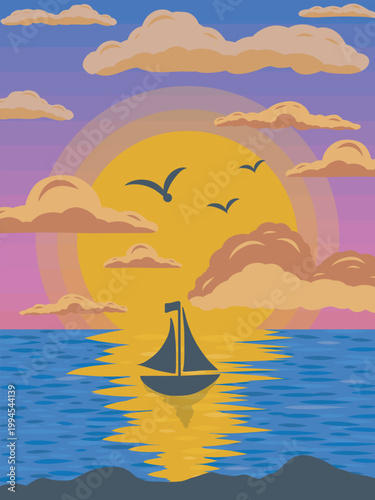 Illustration of a sunset with a sailboat in the sea.
