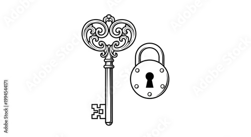 Antique Key and Padlock on White Background - Vintage Security Concept