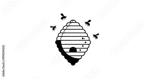 Beehive with Bees Flying Around, Apiary Icon, Vector Illustration