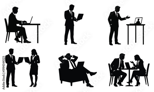 Business professionals working with laptops and communicating in various office work scenarios