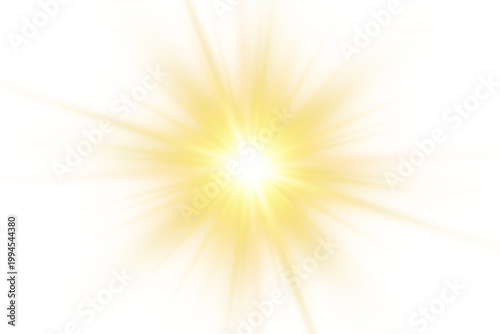 Konstfotografi Sunburst flare with golden rays, and glowing light effect isolated on transparent background for creative graphic design