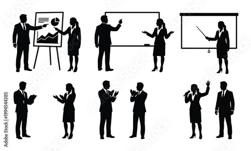 Business people silhouettes presenting charts and clapping during a corporate office meeting