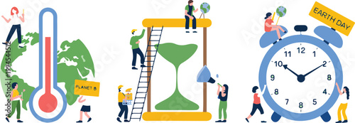 Flat Earth Day illustration featuring climate thermometer globe hourglass planet and clock with people promoting environmental awareness action