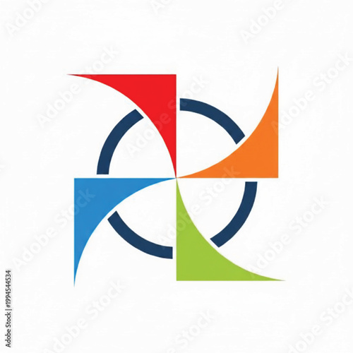 Handmade abstract logo with colorful geometric shapes and curved segments forming a modern circular emblem