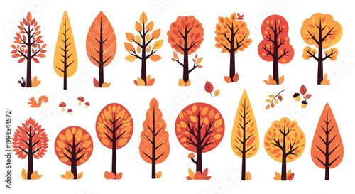 Autumn forest tree collection, flat vector set of 15 orange and yellow fall trees, seasonal foliage elements for landscape design and nature illustrations