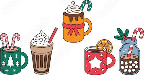 Festive holiday beverage illustration set featuring hot chocolate coffee mugs whipped cream candy canes and seasonal drink decorations