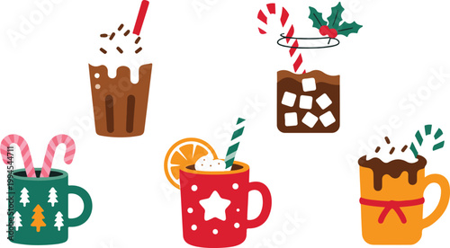 Festive holiday beverage illustration set featuring hot chocolate coffee mugs whipped cream candy canes and seasonal drink decorations