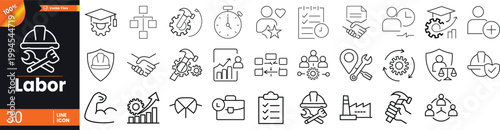 Modern Labor Line Icon Set, Construction and Worker Outline Icons Pack, Repair, Tools, Building, Engineering and Work Vector Collection, Editable Stroke for Web, UI and App Design