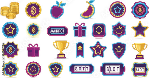 Casino Slot Game Icons Vector Set with Coins, Fruits, Jackpot Sign, Badges, Stars and Rewards for Gambling UI and Mobile Game Design