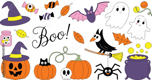 Halloween illustration collection featuring witch hat ghost candy bat black cat pumpkins raven broomstick and autumn leaves festive set