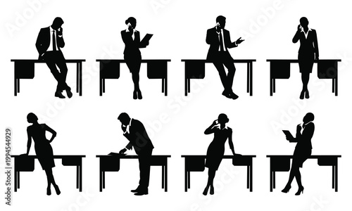 Collection of business people silhouettes sitting and leaning on office desks while talking