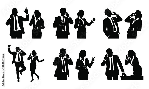 Group of business people silhouettes gesturing and talking on mobile phones in office setting