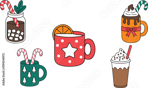 Festive holiday beverage illustration set featuring hot chocolate coffee mugs whipped cream candy canes and seasonal drink decorations