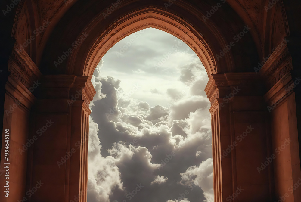 Fototapeta premium An arched doorway frames a dramatic sky with clouds, suggesting transition and vastness.
