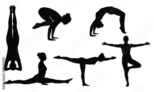 Silhouettes of people performing various yoga poses, demonstrating flexibility and balance.