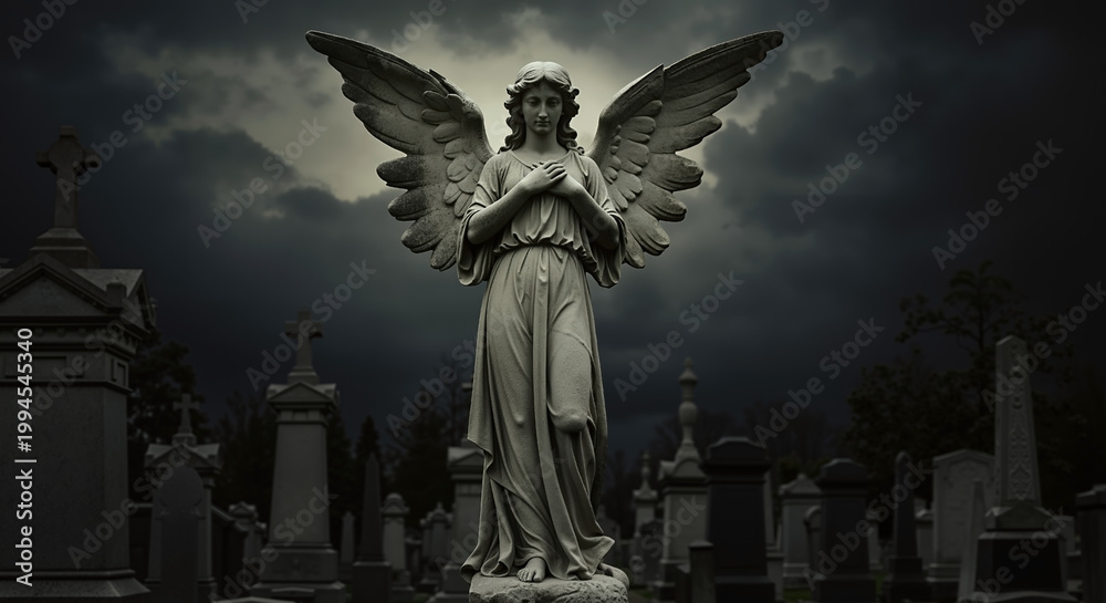 Fototapeta premium Stone angel statue in gothic cemetery at night. Winged sculpture stands over graves under dark, stormy sky. Mourning and remembrance concept