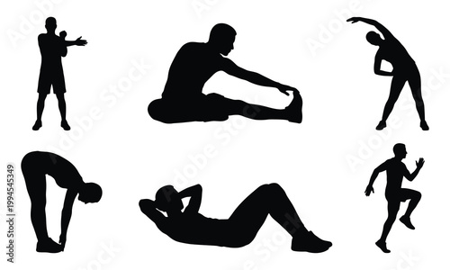 Silhouettes of men and women performing stretching and core exercises for fitness.