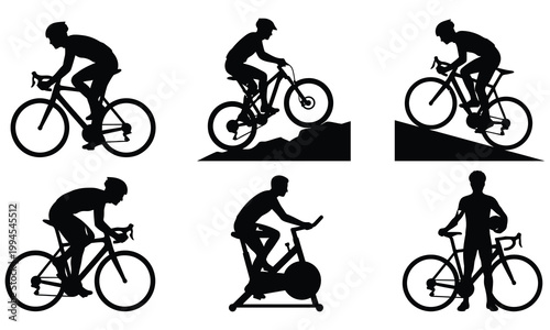 Silhouettes of cyclists in action, including road biking, mountain biking, and stationary cycling.
