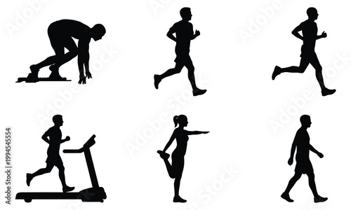 Silhouettes of people engaged in running and athletic activities, including starting blocks and treadmill.