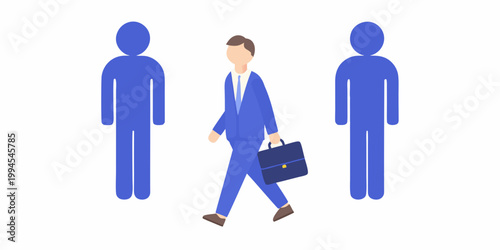 A businessman walking between two simplified blue figures conveying individuality
