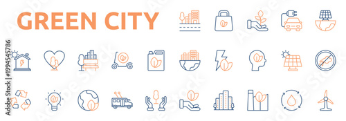 Green City icon set color outline style with eco bag, plant growth, electric car, renewable, city, green, energy, mind icons