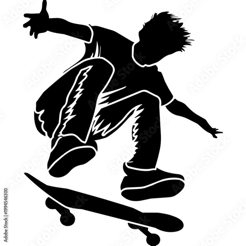 Vector illustration of a skateboarder and snowboarder silhouette featuring a person jumping in a black sport body motion