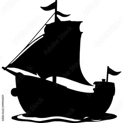 A black and white vector illustration of a pirate ship silhouette isolated on white, featuring a nautical sailing vessel outline perfect for sea travel and transportation symbols
