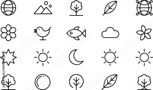 Minimalist nature and weather line art icon set featuring globe mountains trees leaf sun moon bird and floral symbols